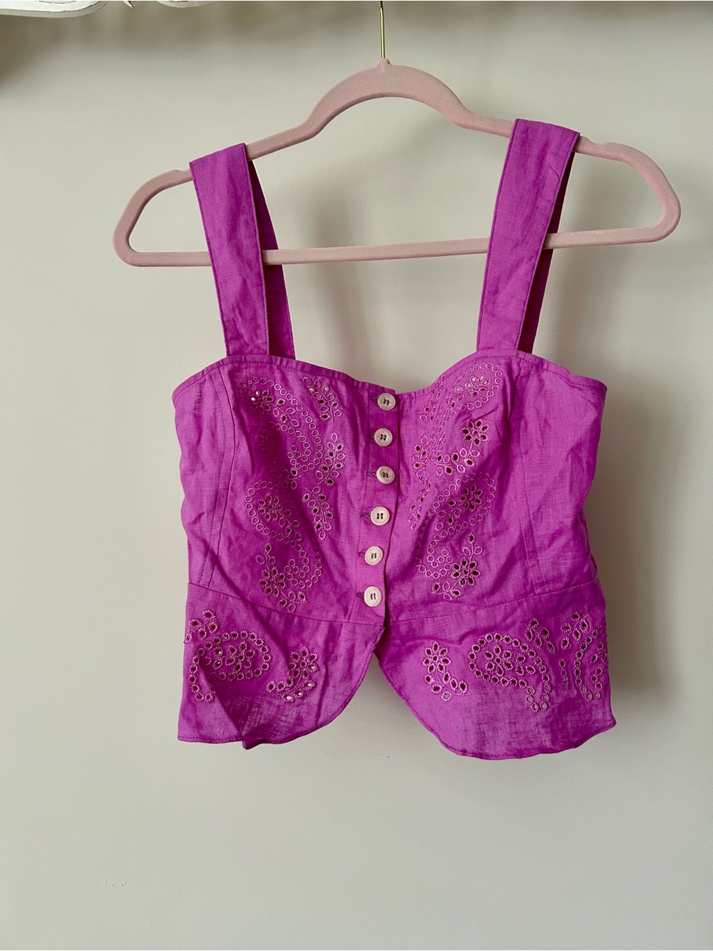 Free People Bright Magenta Eyelet Button Crop Top